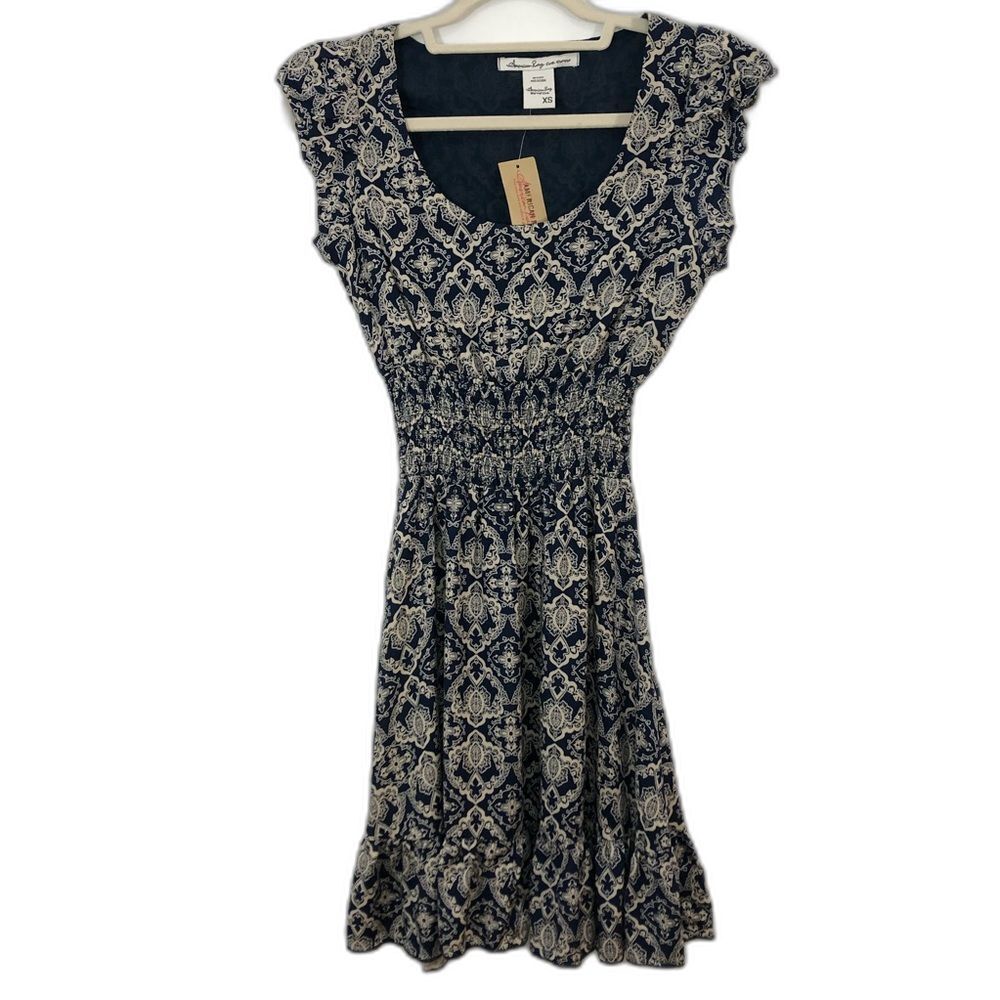 American Rag cap sleeve dress size XS dark blue and cream patterned